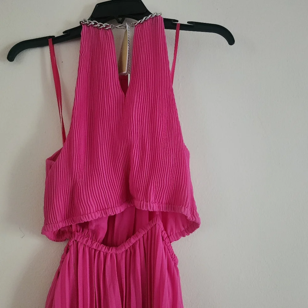 Michael Kors Halter Neck Pleated Cut-out Midi Dress cerise/pink Sz M BNWT